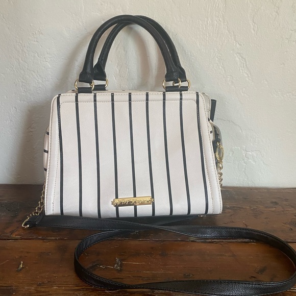 Betsy Johnson black and white striped Handbag with Bow and flower Accent - Picture 4 of 16
